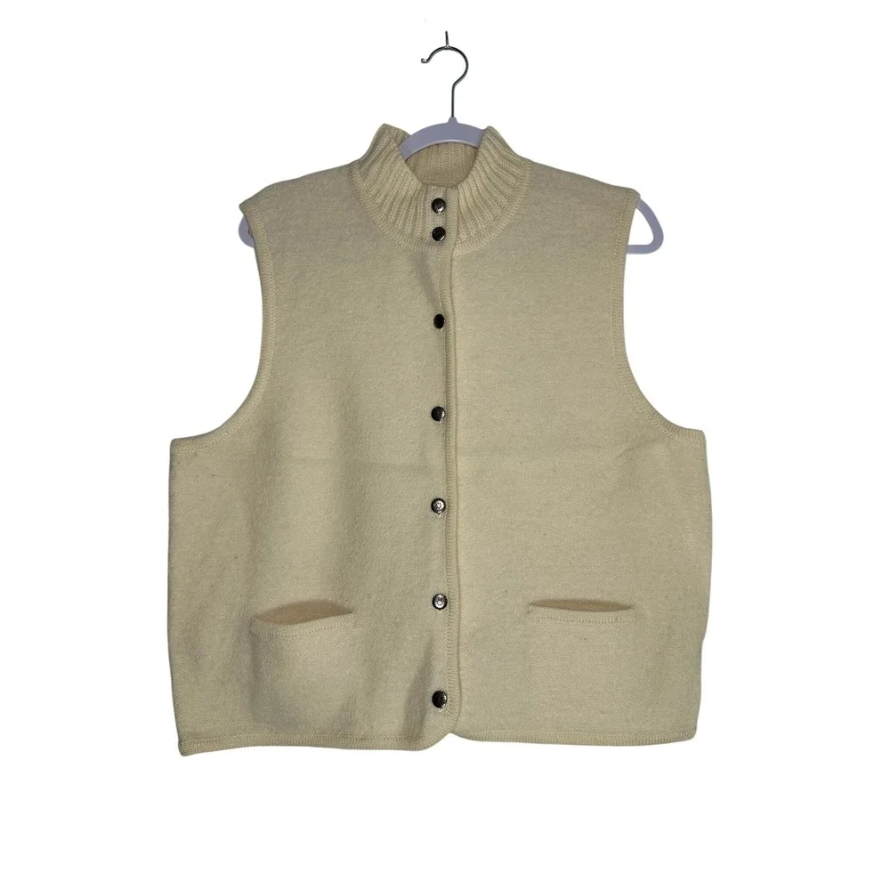 Pendleton Originals Cream 100% Wool Button Front Mock Neck Vest Women XL Vintage